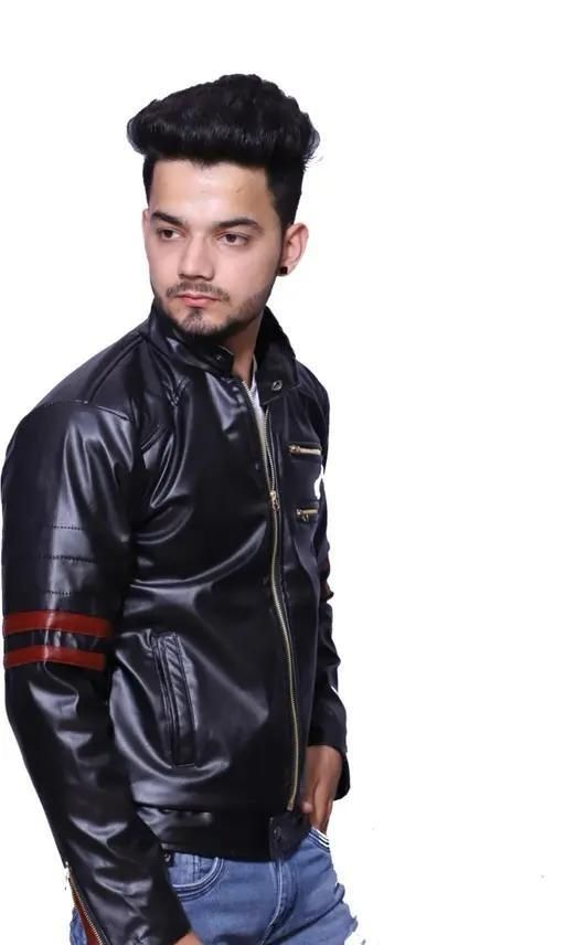 Men's Solid Rexine Leather Black Maroon Stripe Jacket