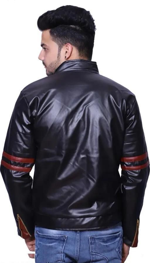 Men's Solid Rexine Leather Black Maroon Stripe Jacket