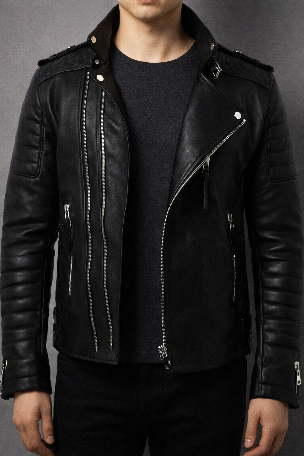Men's Solid Rexine Leather Black Jacket