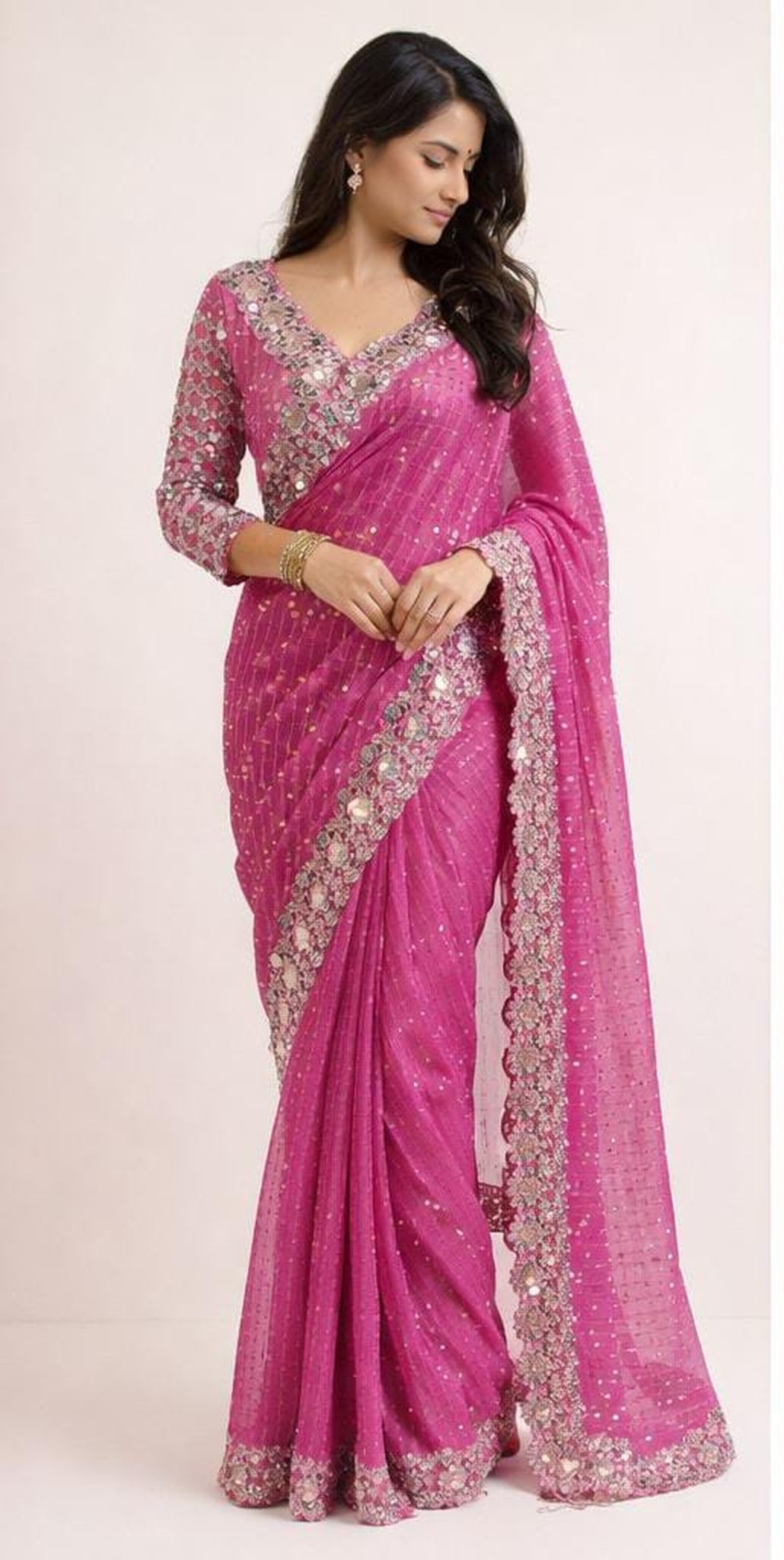 Mirror Embroidered Pink Georgette Designer Saree with Blouse