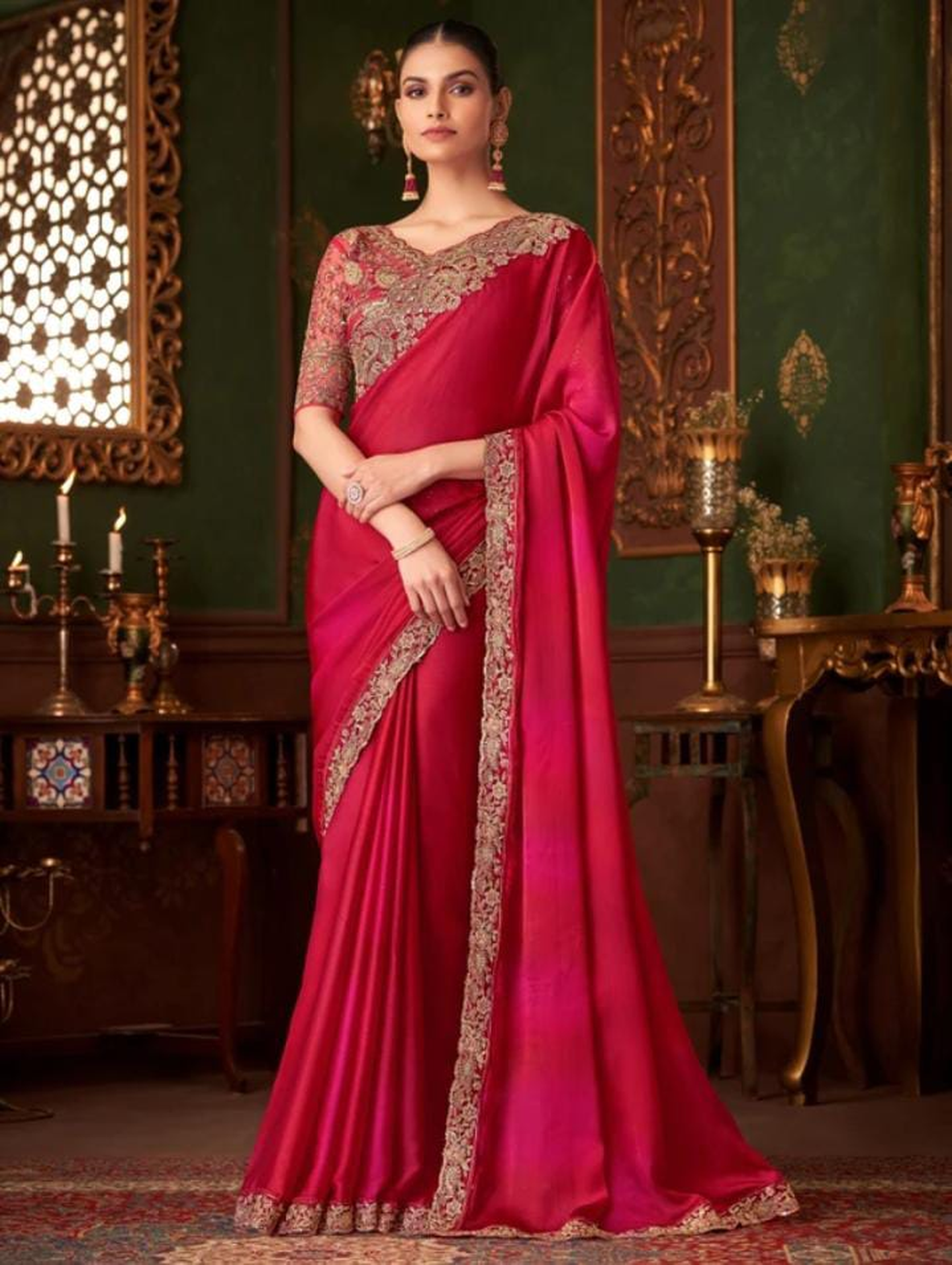 Luxury Designer Embroidered Silk Saree – Bridal Party Wear with Heavy Golden Zari Work