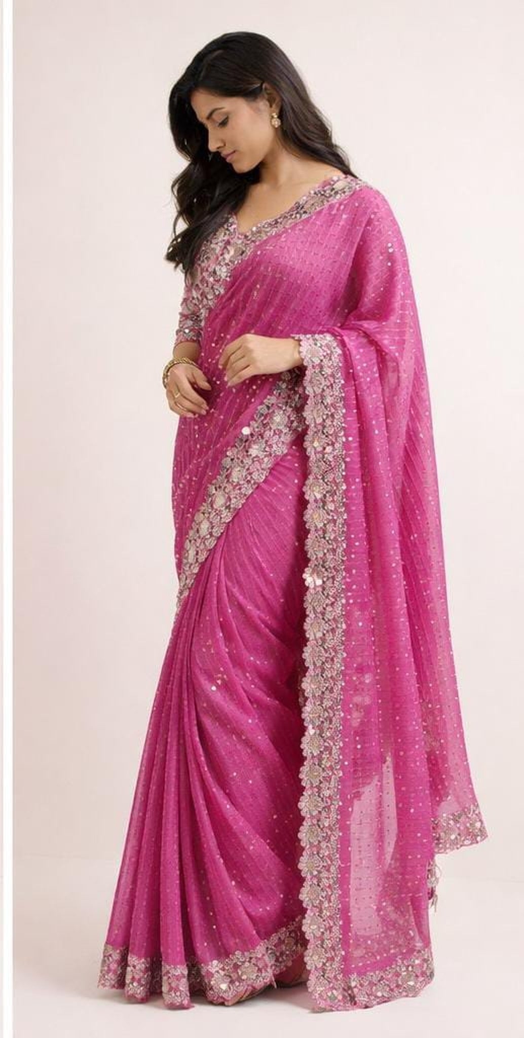 Mirror Embroidered Pink Georgette Designer Saree with Blouse