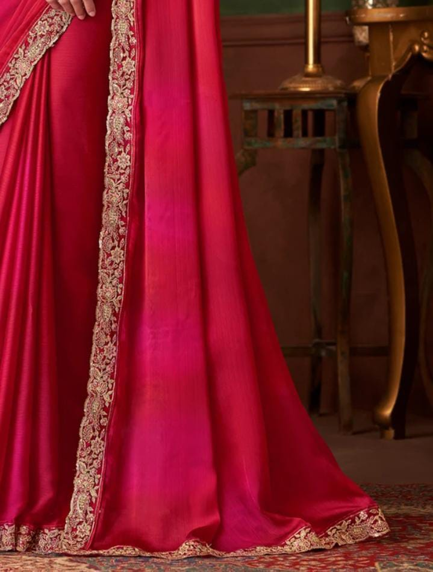 Luxury Designer Embroidered Silk Saree – Bridal Party Wear with Heavy Golden Zari Work