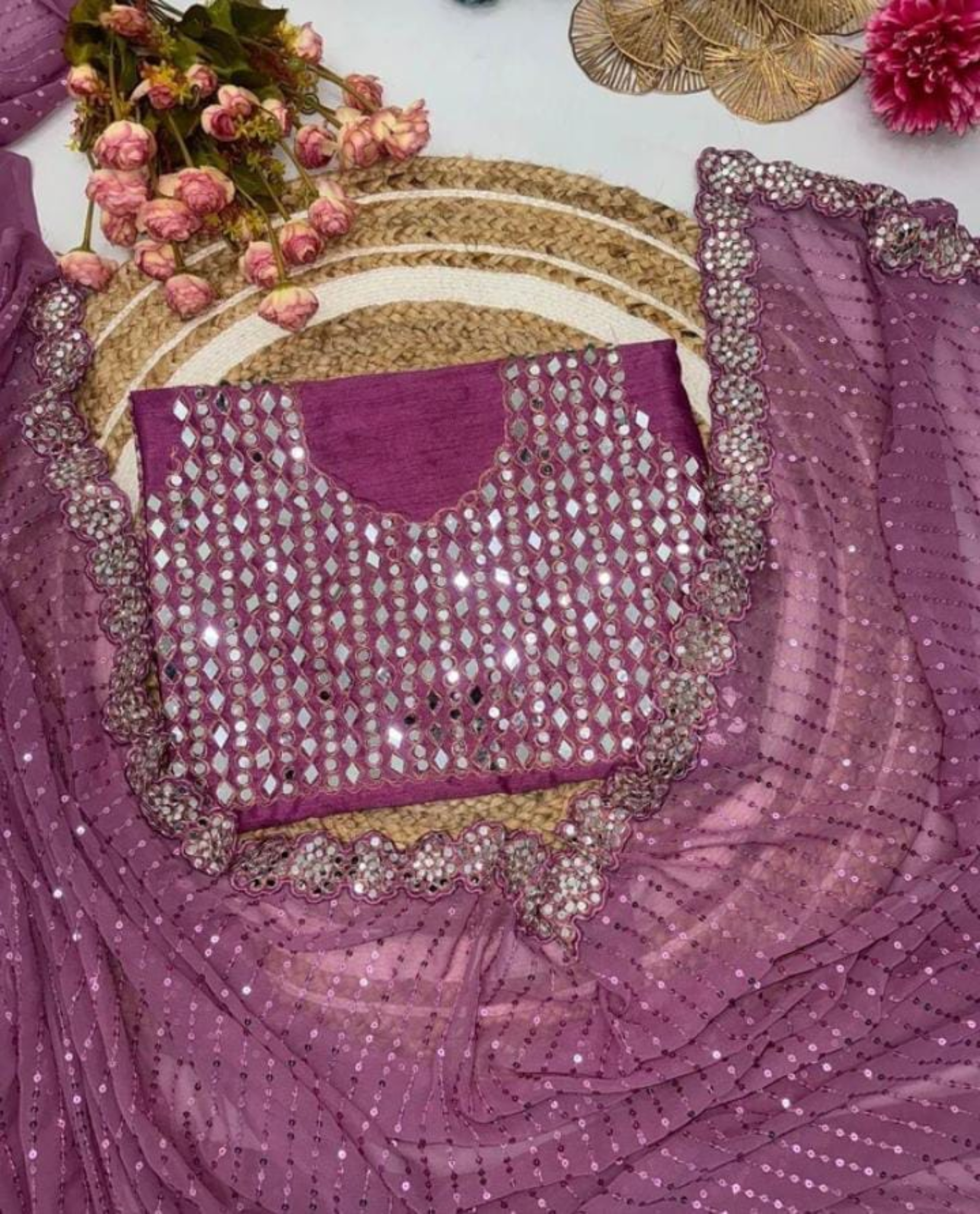 Mirror Embroidered Pink Georgette Designer Saree with Blouse