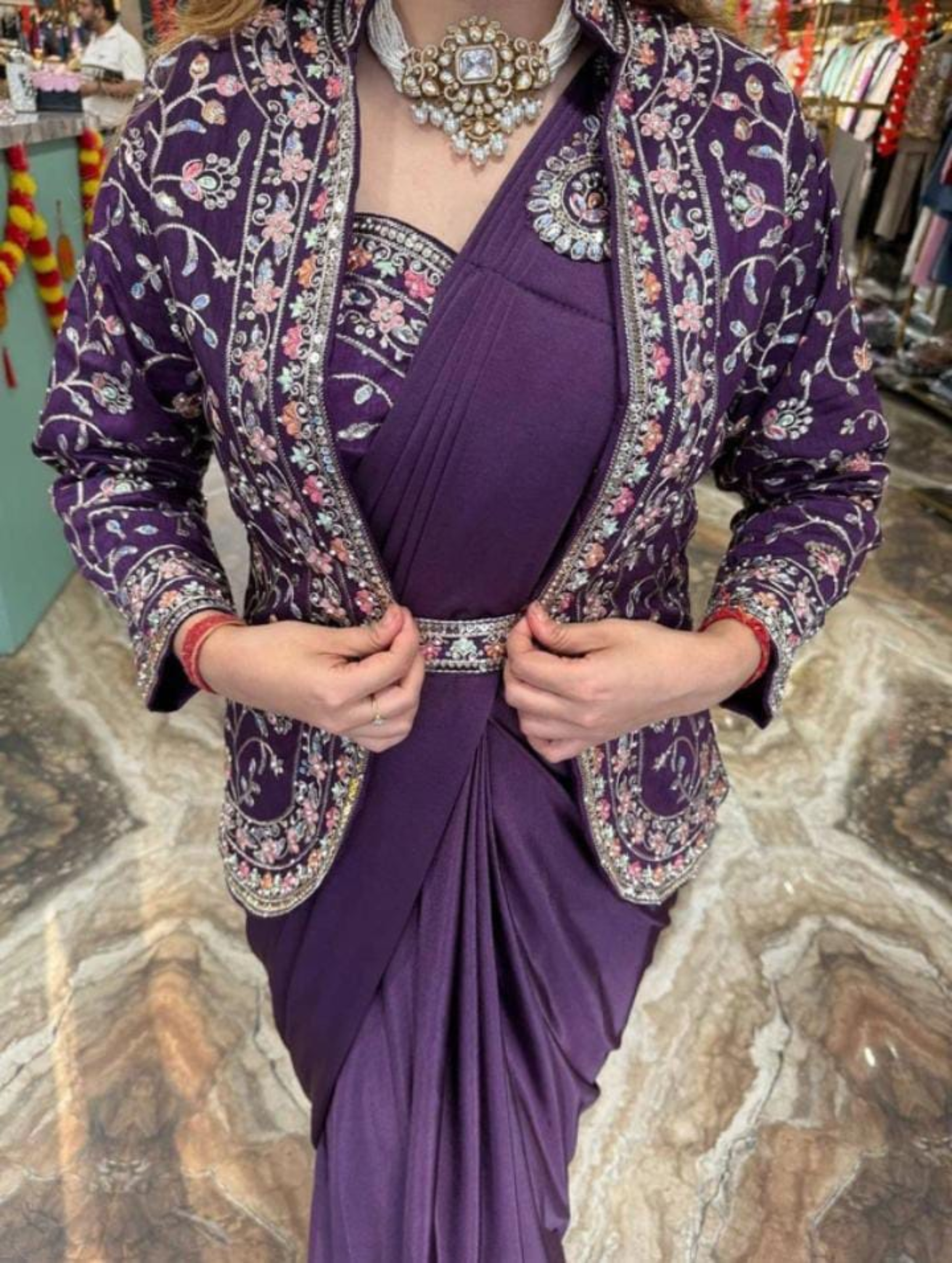 Royal Purple Georgette Saree with Heavy Embroidered Jacket Style Blouse